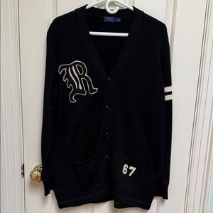 POLO Ralph Lauren sz L Cotton Knit Embroidered Felt Cardigan collegiate preppy